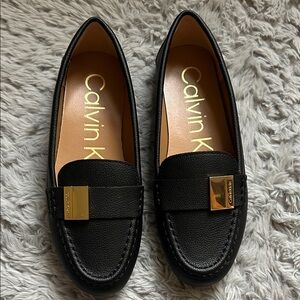 Calvin Klein Black Leather Loafers with Gold-Tone Buckle